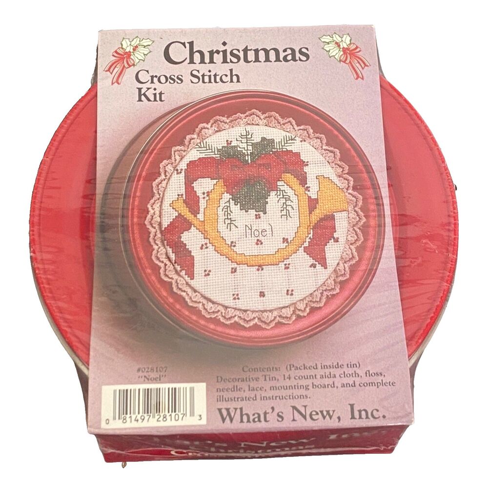 Christmas Cross Stitch Kit Noel Decorative tin New and Sealed 7" Diameter Tin